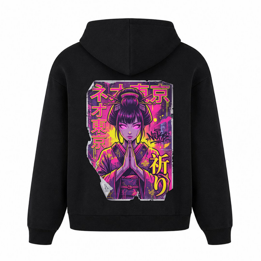 Neon Geisha - T-Shirt Oversized Hoodie - Schwarz
